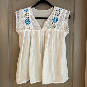 Embroidered Boho Peasant Top | White Cotton Crochet Floral Blouse Cottagecore